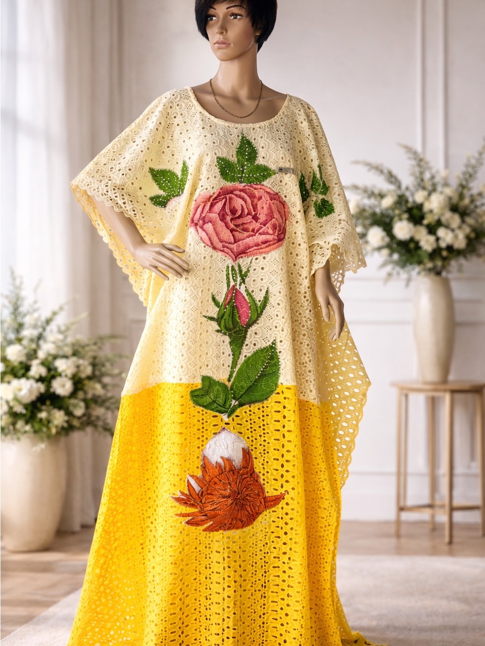 Yellow & Cream Embroidered Floral Maxi Dress